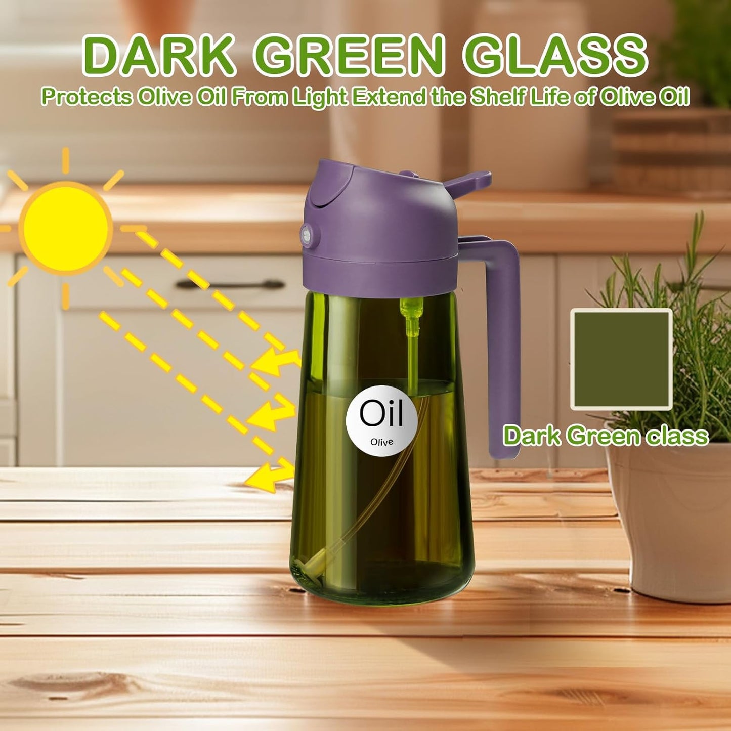 16 oz Dark Glass Olive Oil Sprayer & Dispenser, 2-in-1, Black | Light-blocking dark green glass, food-grade spray and pour bottle for cooking, air fryer, salad and BBQ