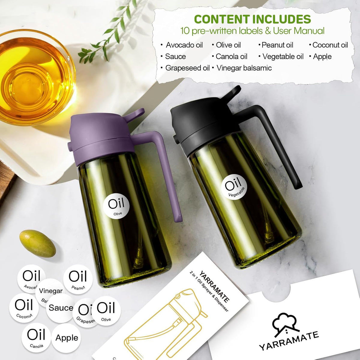 16 oz Dark Glass Olive Oil Sprayer & Dispenser, 2-in-1, Black | Light-blocking dark green glass, food-grade spray and pour bottle for cooking, air fryer, salad and BBQ