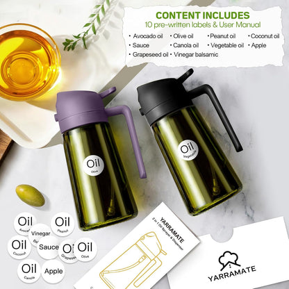 16 oz Dark Glass Olive Oil Sprayer & Dispenser, 2-in-1, Black | Light-blocking dark green glass, food-grade spray and pour bottle for cooking, air fryer, salad and BBQ