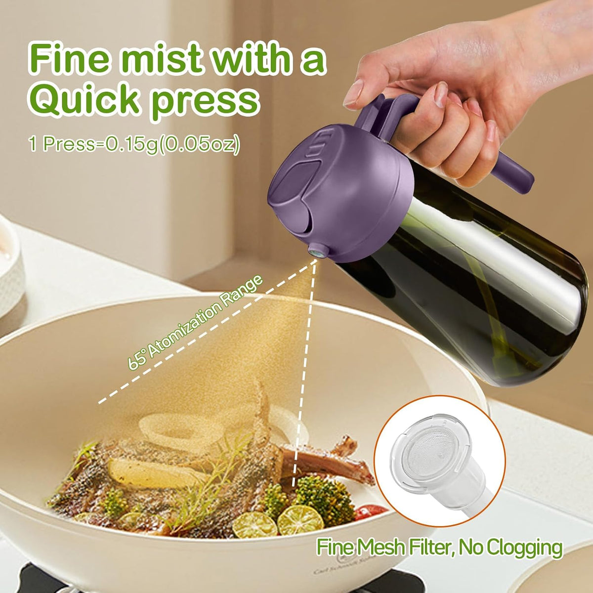 16 oz Dark Glass Olive Oil Sprayer & Dispenser, 2-in-1, Black | Light-blocking dark green glass, food-grade spray and pour bottle for cooking, air fryer, salad and BBQ