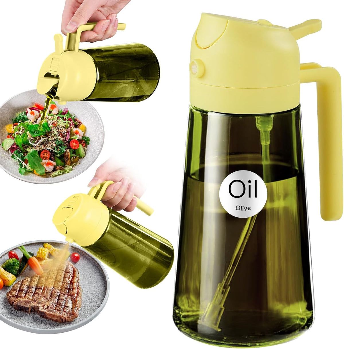 16 oz Dark Glass Olive Oil Sprayer & Dispenser, 2-in-1, Black | Light-blocking dark green glass, food-grade spray and pour bottle for cooking, air fryer, salad and BBQ