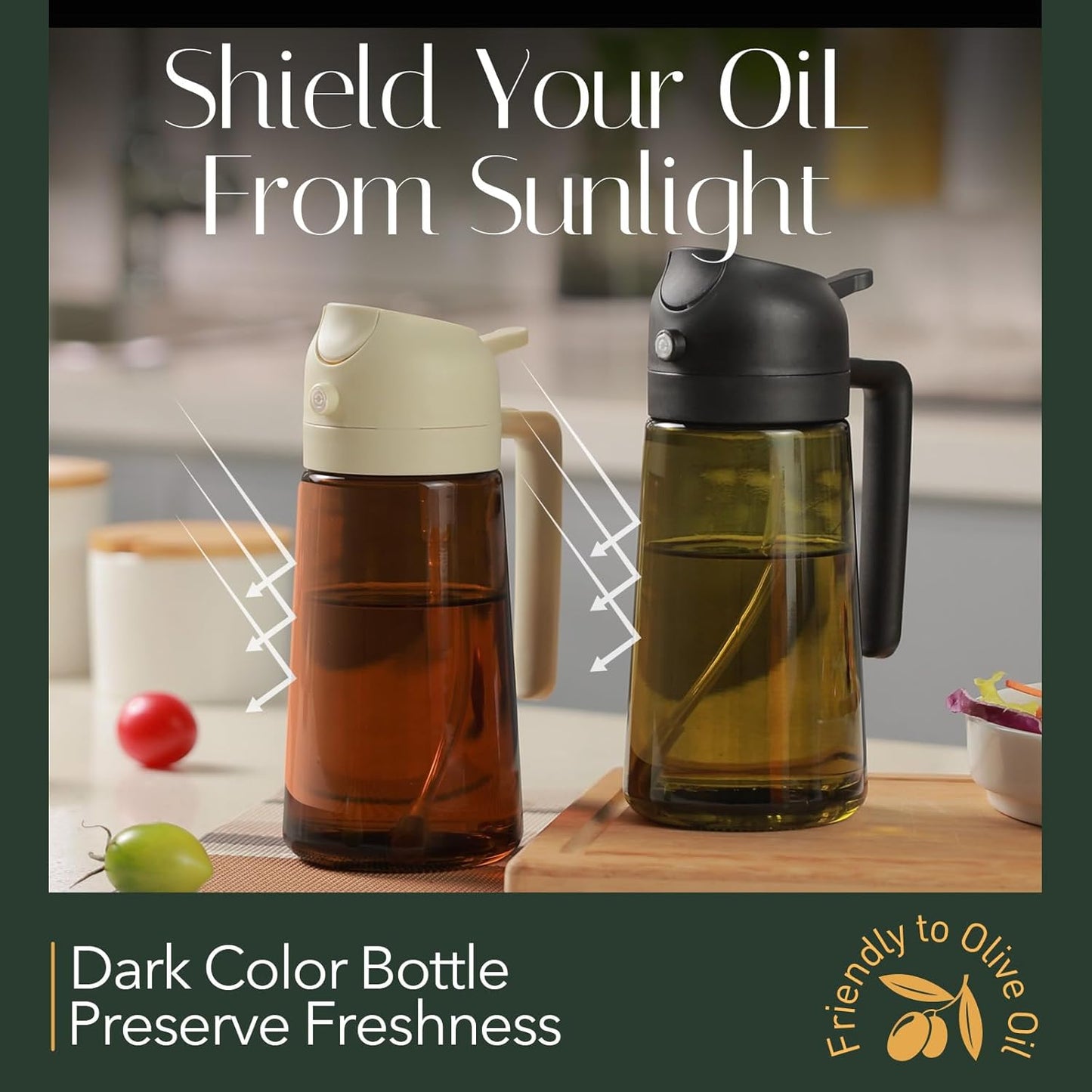 16 oz Dark Glass Olive Oil Sprayer & Dispenser, 2-in-1, Black | Light-blocking dark green glass, food-grade spray and pour bottle for cooking, air fryer, salad and BBQ