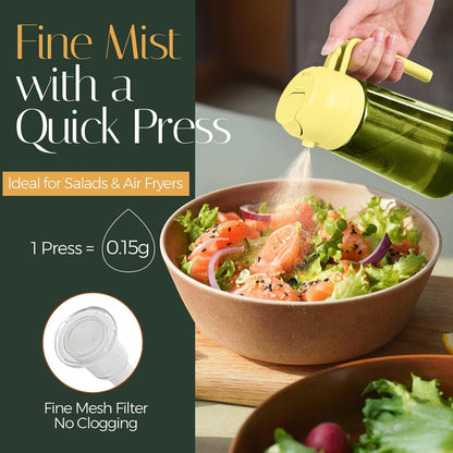 16 oz Dark Glass Olive Oil Sprayer & Dispenser, 2-in-1, Black | Light-blocking dark green glass, food-grade spray and pour bottle for cooking, air fryer, salad and BBQ