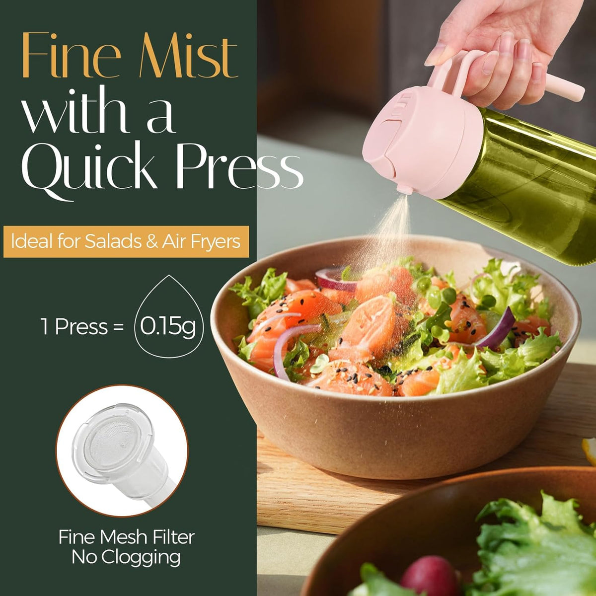 16 oz Dark Glass Olive Oil Sprayer & Dispenser, 2-in-1, Black | Light-blocking dark green glass, food-grade spray and pour bottle for cooking, air fryer, salad and BBQ