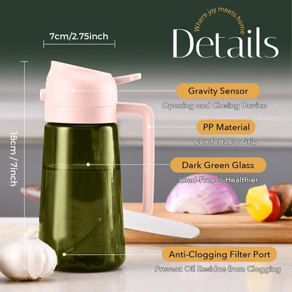 16 oz Dark Glass Olive Oil Sprayer & Dispenser, 2-in-1, Black | Light-blocking dark green glass, food-grade spray and pour bottle for cooking, air fryer, salad and BBQ