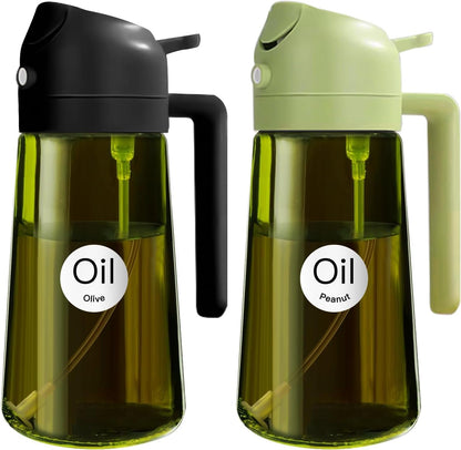16 oz Dark Glass Olive Oil Sprayer & Dispenser, 2-in-1, Black | Light-blocking dark green glass, food-grade spray and pour bottle for cooking, air fryer, salad and BBQ
