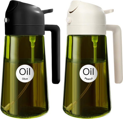 16 oz Dark Glass Olive Oil Sprayer & Dispenser, 2-in-1, Black | Light-blocking dark green glass, food-grade spray and pour bottle for cooking, air fryer, salad and BBQ
