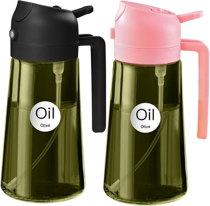 16 oz Dark Glass Olive Oil Sprayer & Dispenser, 2-in-1, Black | Light-blocking dark green glass, food-grade spray and pour bottle for cooking, air fryer, salad and BBQ