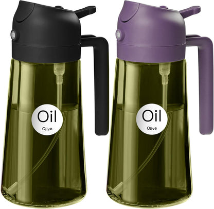 16 oz Dark Glass Olive Oil Sprayer & Dispenser, 2-in-1, Black | Light-blocking dark green glass, food-grade spray and pour bottle for cooking, air fryer, salad and BBQ