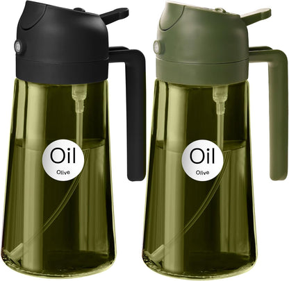 16 oz Dark Glass Olive Oil Sprayer & Dispenser, 2-in-1, Black | Light-blocking dark green glass, food-grade spray and pour bottle for cooking, air fryer, salad and BBQ