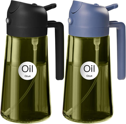 16 oz Dark Glass Olive Oil Sprayer & Dispenser, 2-in-1, Black | Light-blocking dark green glass, food-grade spray and pour bottle for cooking, air fryer, salad and BBQ