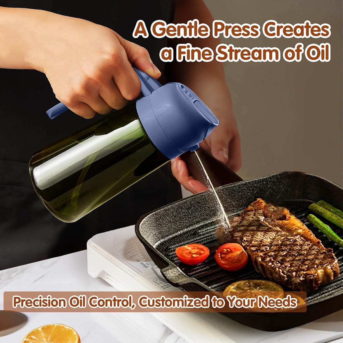 16 oz Dark Glass Olive Oil Sprayer & Dispenser, 2-in-1, Black | Light-blocking dark green glass, food-grade spray and pour bottle for cooking, air fryer, salad and BBQ