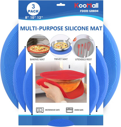12 10 8 Inch Multi-use Microwave Mat, Trivet, Pot Holders, Drying, Baking, Place Mat, Utensils Rest, Silicone Cover Pad for Hot Pot Pans Bowls Plates Dishes Kitchen Counter,Heat Resistant,Blue