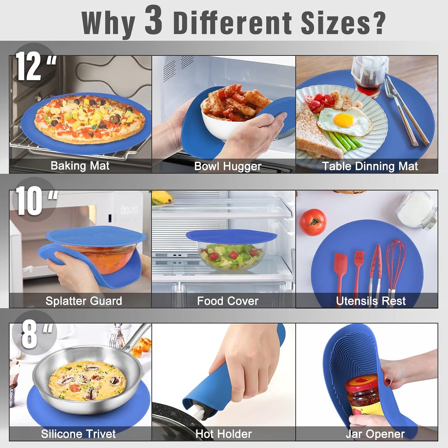 12 10 8 Inch Multi-use Microwave Mat, Trivet, Pot Holders, Drying, Baking, Place Mat, Utensils Rest, Silicone Cover Pad for Hot Pot Pans Bowls Plates Dishes Kitchen Counter,Heat Resistant,Blue