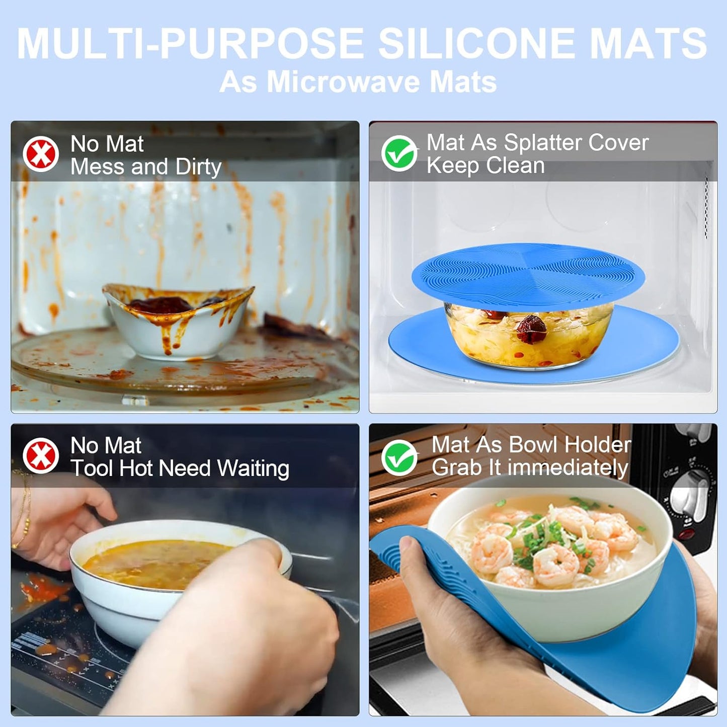 12 10 8 Inch Multi-use Microwave Mat, Trivet, Pot Holders, Drying, Baking, Place Mat, Utensils Rest, Silicone Cover Pad for Hot Pot Pans Bowls Plates Dishes Kitchen Counter,Heat Resistant,Blue