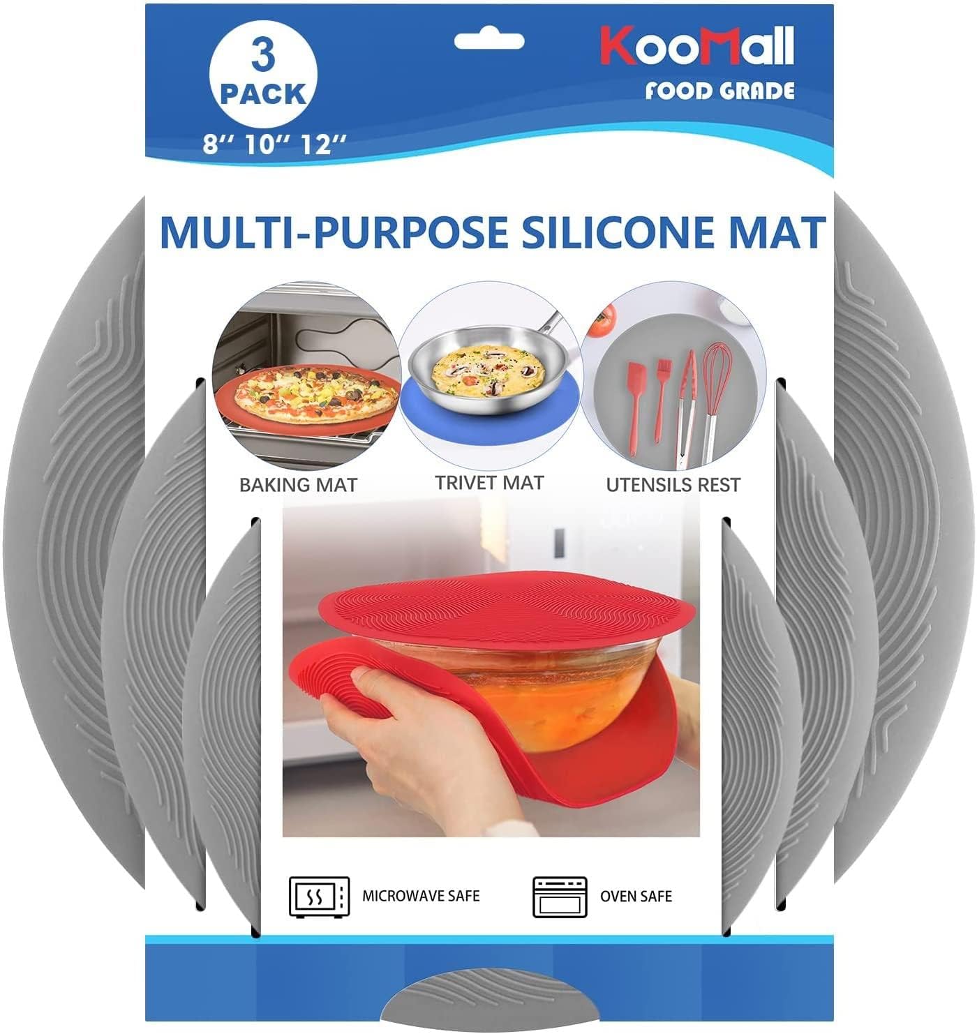 12 10 8 Inch Multi-use Microwave Mat, Trivet, Pot Holders, Drying, Baking, Place Mat, Utensils Rest, Silicone Cover Pad for Hot Pot Pans Bowls Plates Dishes Kitchen Counter,Heat Resistant,Blue