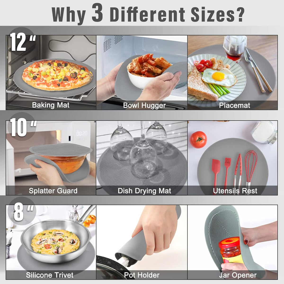 12 10 8 Inch Multi-use Microwave Mat, Trivet, Pot Holders, Drying, Baking, Place Mat, Utensils Rest, Silicone Cover Pad for Hot Pot Pans Bowls Plates Dishes Kitchen Counter,Heat Resistant,Blue