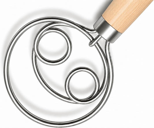 Danish Dough Whisk for Dough Making and Folding - 13 Inch Stainless Steel Sourdough Whisk Solid Wood Handle Non-Rust Anti Clog Loop Design for Pizza Dough Pastry Artisan Bread Baking