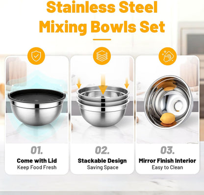 Mixing Bowls with Lids, 3 Pack 3.4 QT Kitchen Stainless Steel Mixing Bowls with Lids, Metal Nesting Set for Baking, Prepping, Serving, Salad and Food Storage