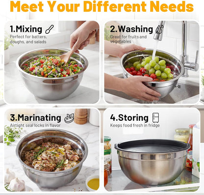Mixing Bowls with Lids, 3 Pack 3.4 QT Kitchen Stainless Steel Mixing Bowls with Lids, Metal Nesting Set for Baking, Prepping, Serving, Salad and Food Storage