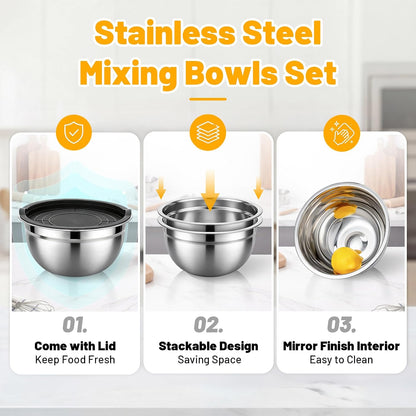 Mixing Bowls with Lids, 3 Pack 3.4 QT Kitchen Stainless Steel Mixing Bowls with Lids, Metal Nesting Set for Baking, Prepping, Serving, Salad and Food Storage