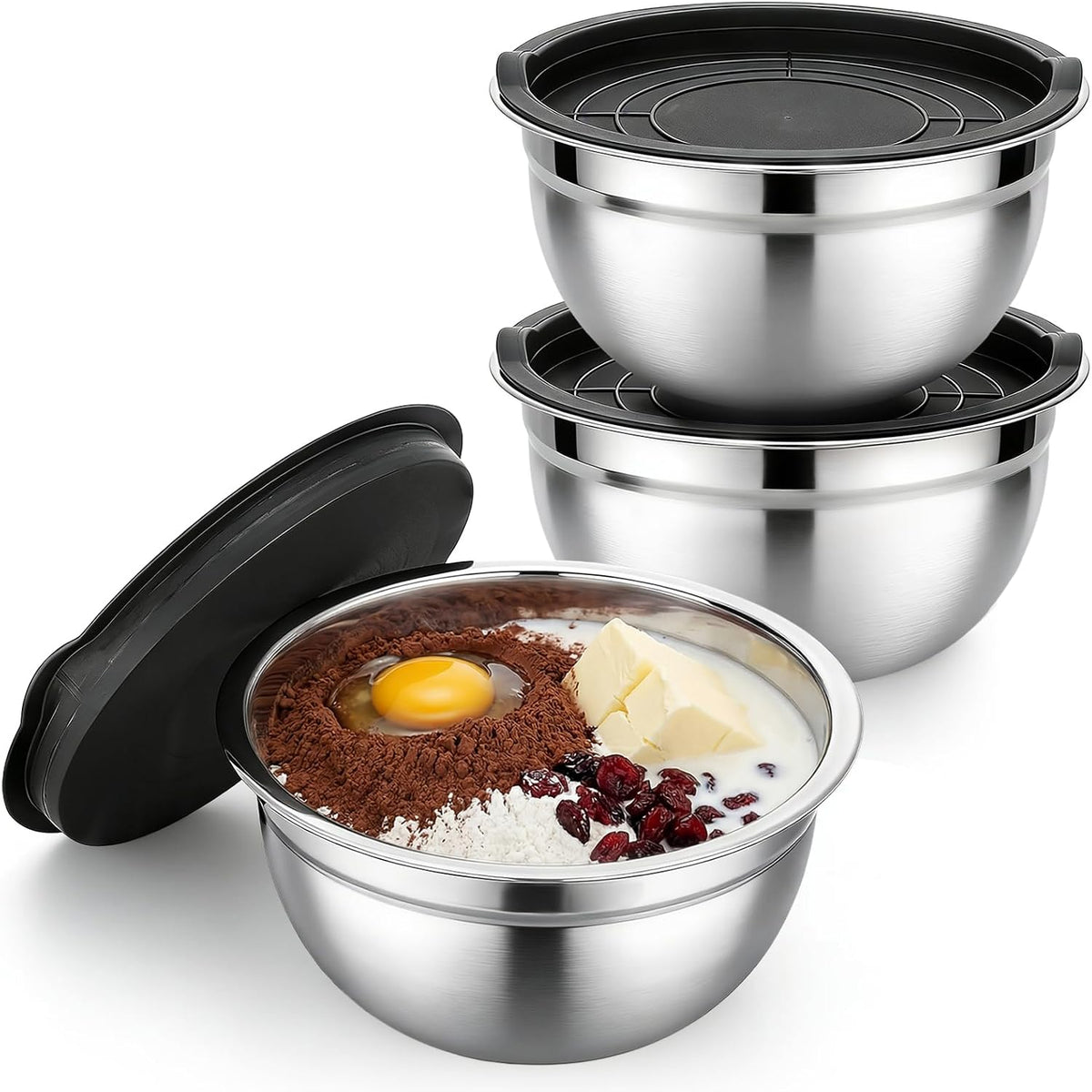 Mixing Bowls with Lids, 3 Pack 3.4 QT Kitchen Stainless Steel Mixing Bowls with Lids, Metal Nesting Set for Baking, Prepping, Serving, Salad and Food Storage