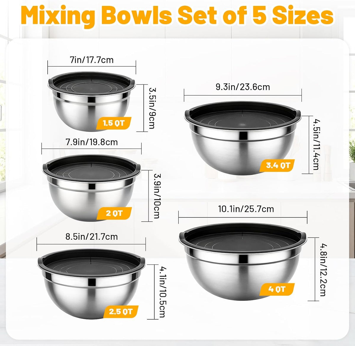 Mixing Bowls with Lids, 3 Pack 3.4 QT Kitchen Stainless Steel Mixing Bowls with Lids, Metal Nesting Set for Baking, Prepping, Serving, Salad and Food Storage