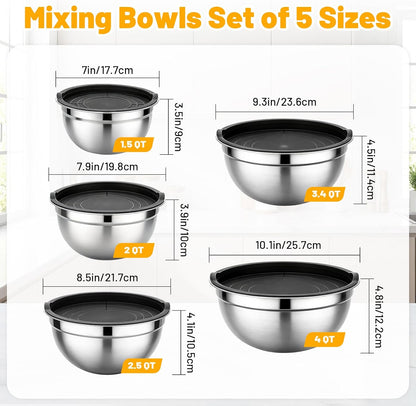 Mixing Bowls with Lids, 3 Pack 3.4 QT Kitchen Stainless Steel Mixing Bowls with Lids, Metal Nesting Set for Baking, Prepping, Serving, Salad and Food Storage
