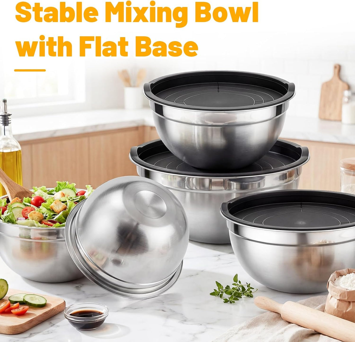 Mixing Bowls with Lids, 3 Pack 3.4 QT Kitchen Stainless Steel Mixing Bowls with Lids, Metal Nesting Set for Baking, Prepping, Serving, Salad and Food Storage