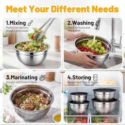 Mixing Bowls with Lids, 3 Pack 3.4 QT Kitchen Stainless Steel Mixing Bowls with Lids, Metal Nesting Set for Baking, Prepping, Serving, Salad and Food Storage