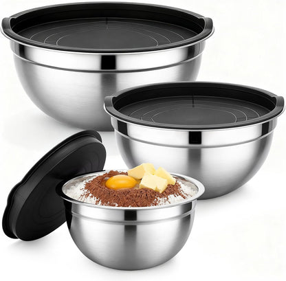 Mixing Bowls with Lids, 3 Pack 3.4 QT Kitchen Stainless Steel Mixing Bowls with Lids, Metal Nesting Set for Baking, Prepping, Serving, Salad and Food Storage