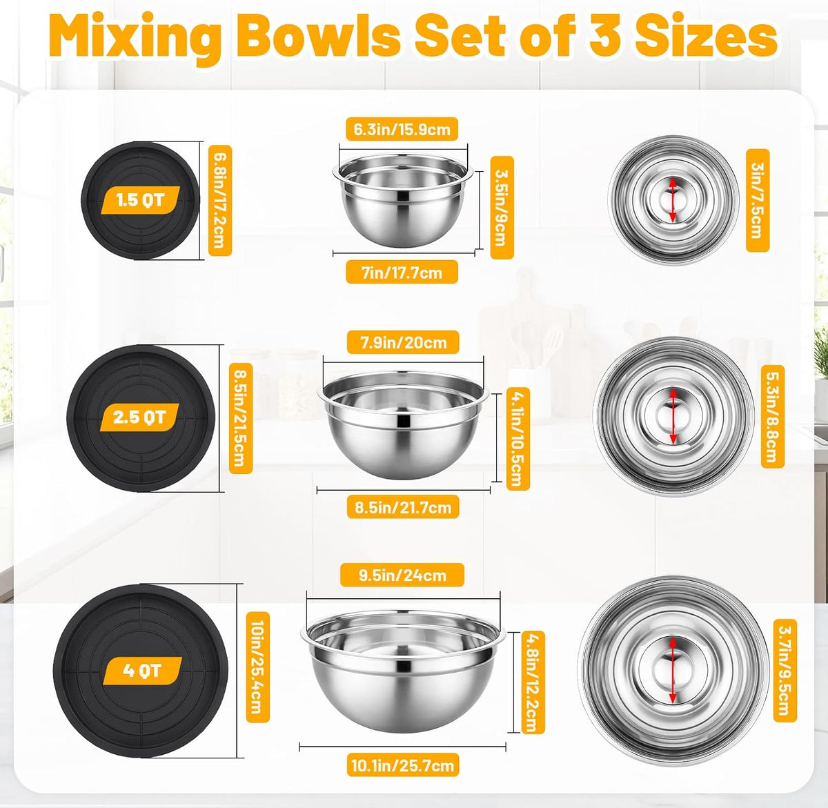 Mixing Bowls with Lids, 3 Pack 3.4 QT Kitchen Stainless Steel Mixing Bowls with Lids, Metal Nesting Set for Baking, Prepping, Serving, Salad and Food Storage