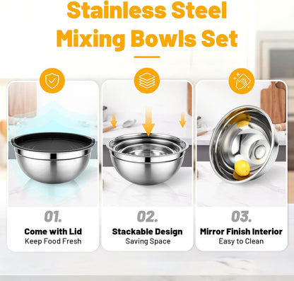 Mixing Bowls with Lids, 3 Pack 3.4 QT Kitchen Stainless Steel Mixing Bowls with Lids, Metal Nesting Set for Baking, Prepping, Serving, Salad and Food Storage