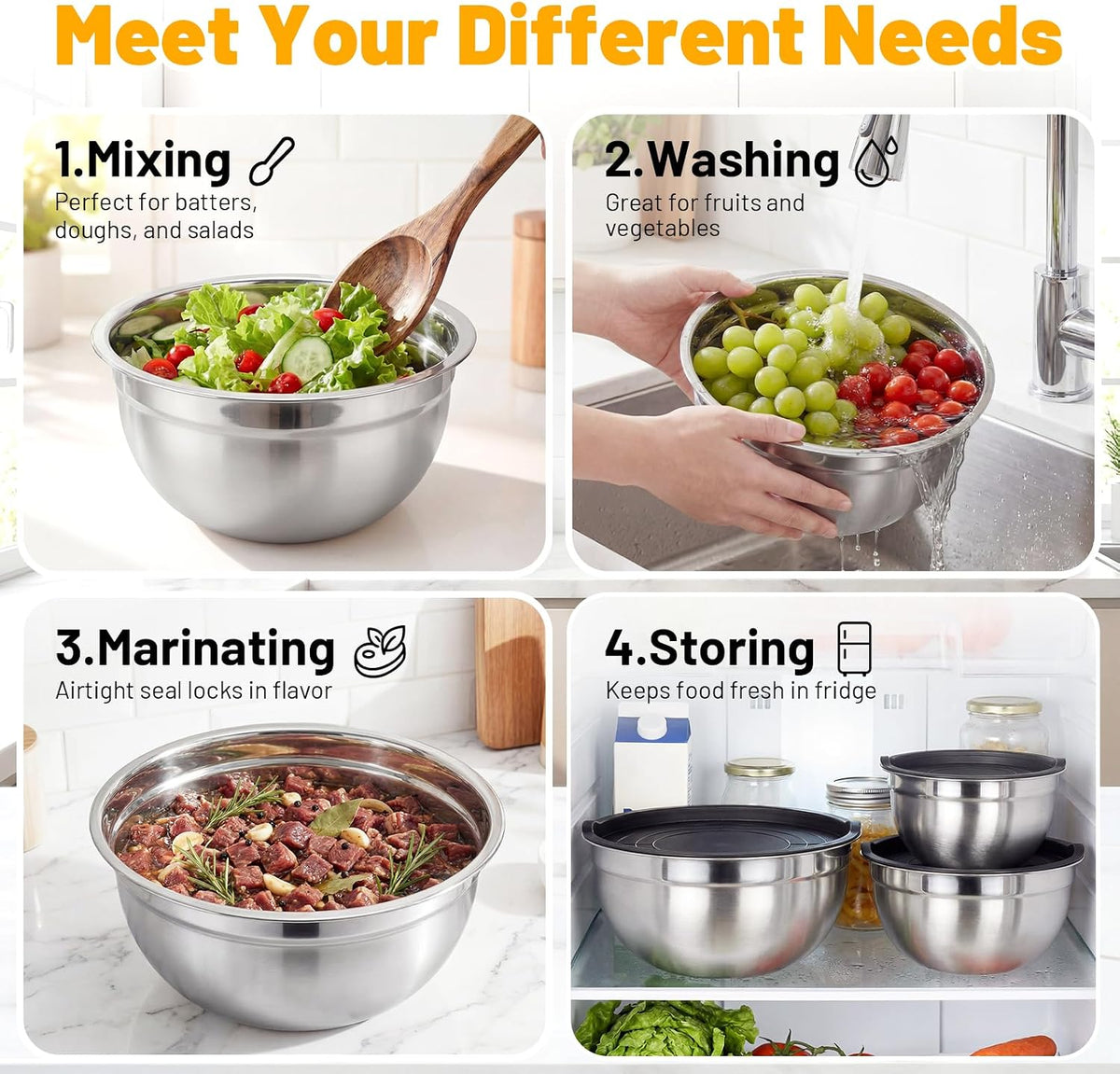 Mixing Bowls with Lids, 3 Pack 3.4 QT Kitchen Stainless Steel Mixing Bowls with Lids, Metal Nesting Set for Baking, Prepping, Serving, Salad and Food Storage