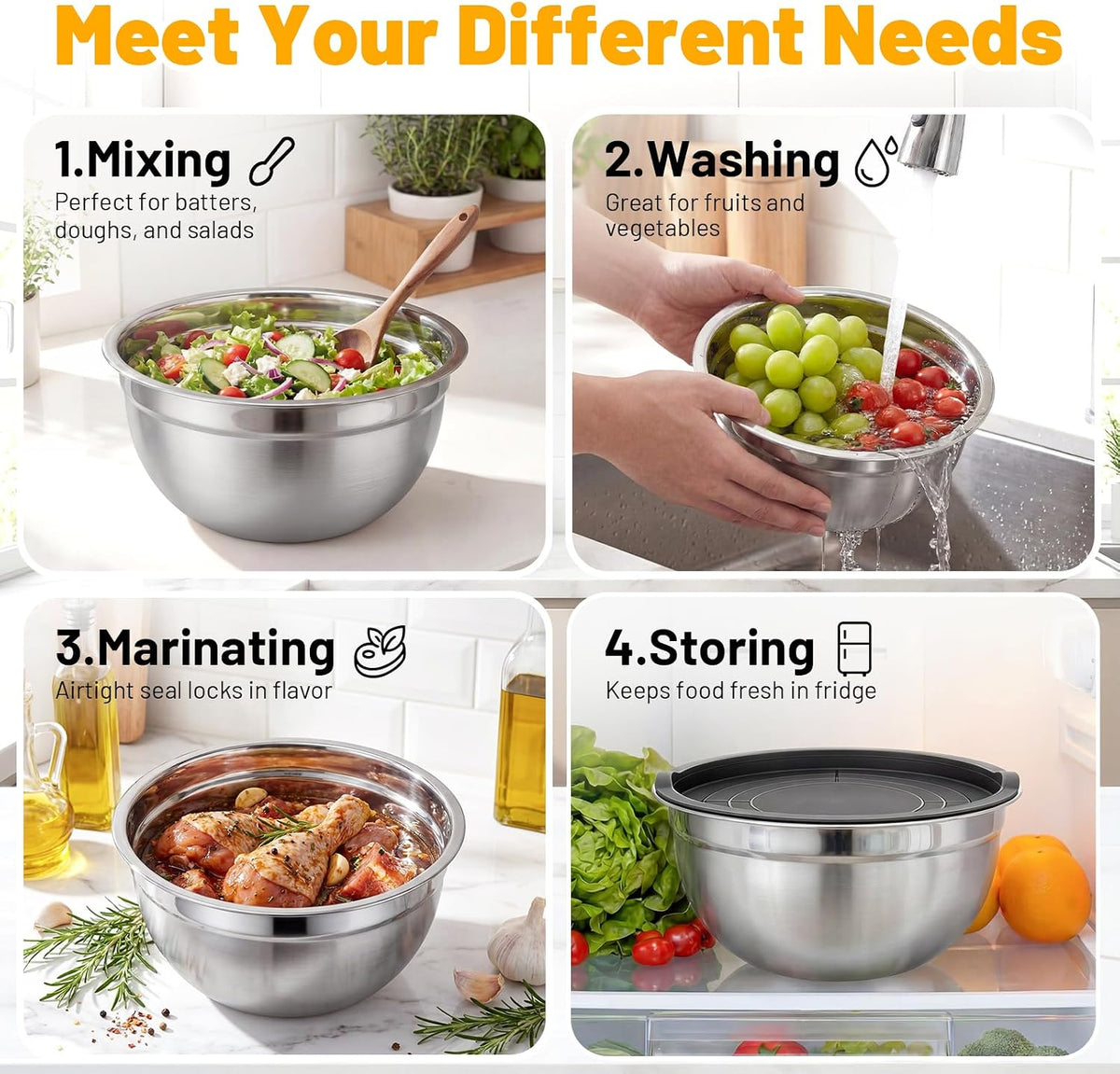 Mixing Bowls with Lids, 3 Pack 3.4 QT Kitchen Stainless Steel Mixing Bowls with Lids, Metal Nesting Set for Baking, Prepping, Serving, Salad and Food Storage