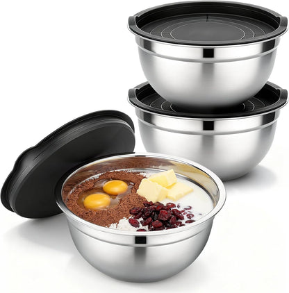 Mixing Bowls with Lids, 3 Pack 3.4 QT Kitchen Stainless Steel Mixing Bowls with Lids, Metal Nesting Set for Baking, Prepping, Serving, Salad and Food Storage