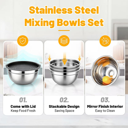 Mixing Bowls with Lids, 3 Pack 3.4 QT Kitchen Stainless Steel Mixing Bowls with Lids, Metal Nesting Set for Baking, Prepping, Serving, Salad and Food Storage