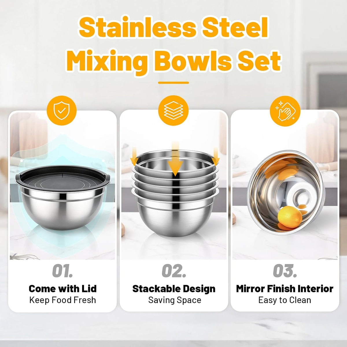 Mixing Bowls with Lids, 3 Pack 3.4 QT Kitchen Stainless Steel Mixing Bowls with Lids, Metal Nesting Set for Baking, Prepping, Serving, Salad and Food Storage