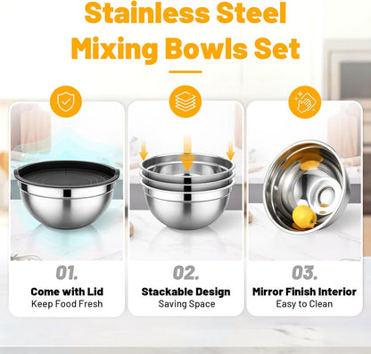 Mixing Bowls with Lids, 3 Pack 3.4 QT Kitchen Stainless Steel Mixing Bowls with Lids, Metal Nesting Set for Baking, Prepping, Serving, Salad and Food Storage