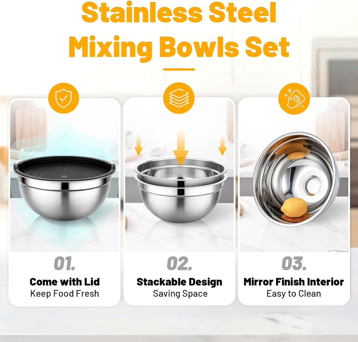 Mixing Bowls with Lids, 3 Pack 3.4 QT Kitchen Stainless Steel Mixing Bowls with Lids, Metal Nesting Set for Baking, Prepping, Serving, Salad and Food Storage