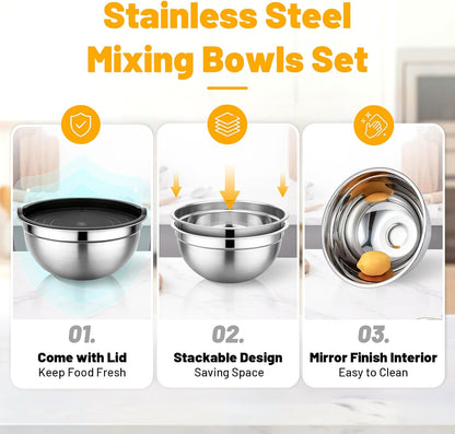 Mixing Bowls with Lids, 3 Pack 3.4 QT Kitchen Stainless Steel Mixing Bowls with Lids, Metal Nesting Set for Baking, Prepping, Serving, Salad and Food Storage