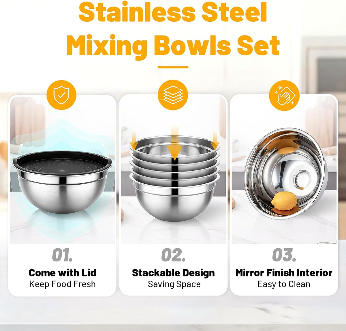 Mixing Bowls with Lids, 3 Pack 3.4 QT Kitchen Stainless Steel Mixing Bowls with Lids, Metal Nesting Set for Baking, Prepping, Serving, Salad and Food Storage