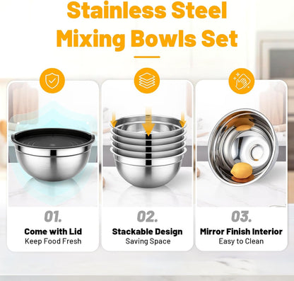 Mixing Bowls with Lids, 3 Pack 3.4 QT Kitchen Stainless Steel Mixing Bowls with Lids, Metal Nesting Set for Baking, Prepping, Serving, Salad and Food Storage