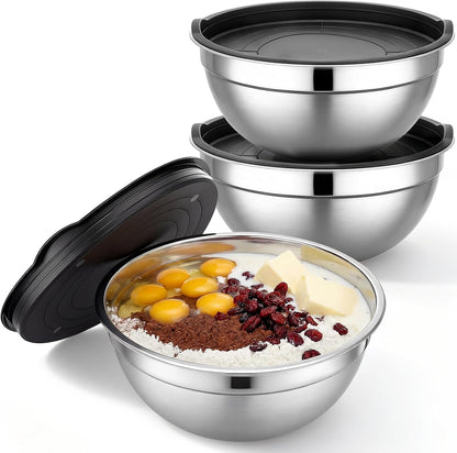 Mixing Bowls with Lids, 3 Pack 3.4 QT Kitchen Stainless Steel Mixing Bowls with Lids, Metal Nesting Set for Baking, Prepping, Serving, Salad and Food Storage