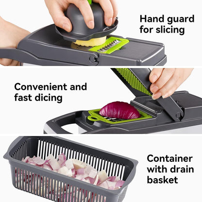 Multi-Function Vegetable Chopper Onion Micer Chopper 12 in 1 Pro Veggie Slicer Dicer Cutter with Container for Potatoes, Tomatoes, Zucchini, Garlic, Eggs, Cucumbers