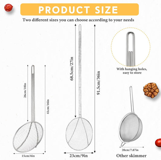 2 Pcs 16 Inch Stainless Steel Skimmer Round Plated Wire Strainer Fryer Spoon Mesh Stirring with Long Handle for Kitchen Fried Food Cooking Straining Frying