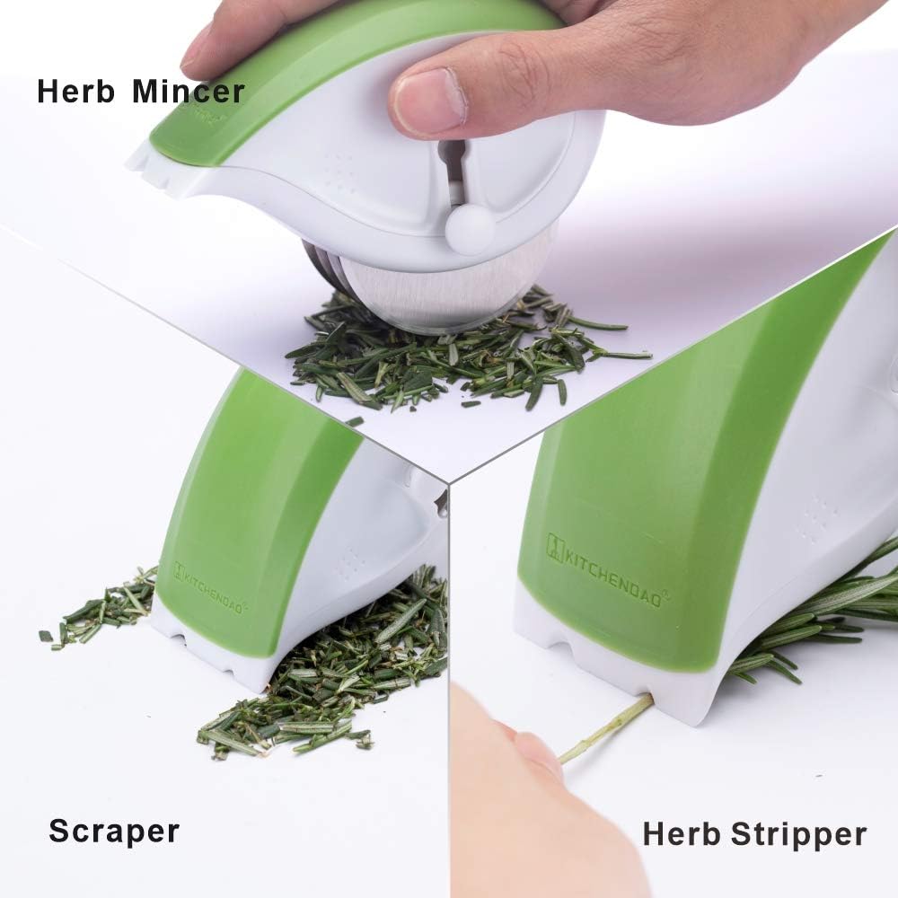 3-in-1 Herb Chopper Mincer Roller Cutter Slicer, Leaf Stripper, Scraper- Retractable for Safe Storage, Detachable for Easy Cleaning, 4 Sharp Stainless Steel Blades, Soft-touch Handle