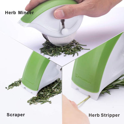 3-in-1 Herb Chopper Mincer Roller Cutter Slicer, Leaf Stripper, Scraper- Retractable for Safe Storage, Detachable for Easy Cleaning, 4 Sharp Stainless Steel Blades, Soft-touch Handle