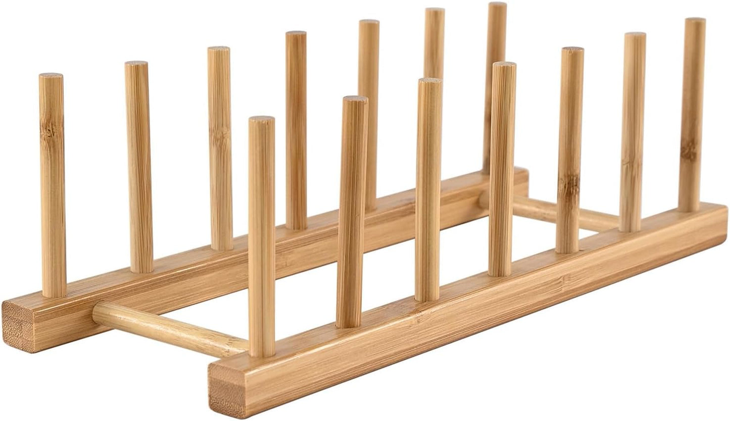 Bamboo Wooden Dish Rack, Vertical Plate & Lid Organizer | for Kitchen Cabinet or Countertop, Drying Stand for Dishes, Cutting Boards