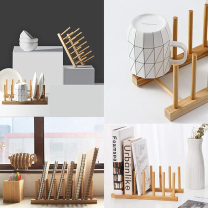 Bamboo Wooden Dish Rack, Vertical Plate & Lid Organizer | for Kitchen Cabinet or Countertop, Drying Stand for Dishes, Cutting Boards